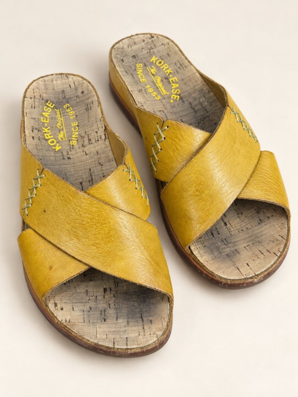 Kork-Ease Tutsi Mustard Yellow Leather Cross Strap Slide Sandals Womens 6M